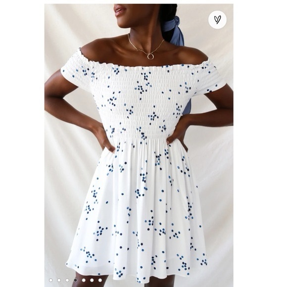 Lulu's White and Blue Printed Off-the-Shoulder Dress Polka Dot Sundress XS - Picture 2 of 8